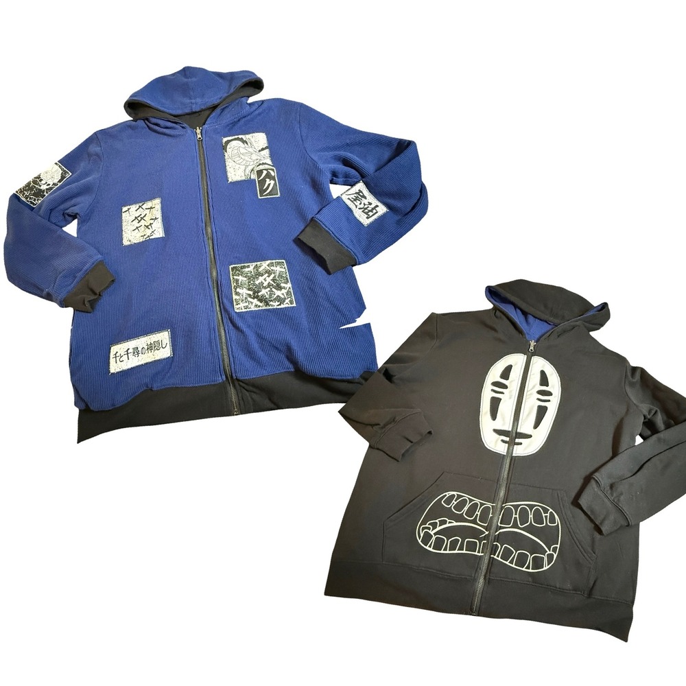 Studio Ghibli Spirited Away Reversible Zip Up Hoodie Unisex L Black Blue No Face